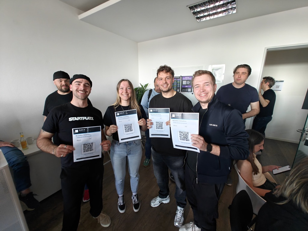 The EveLin AI team holding event flyers